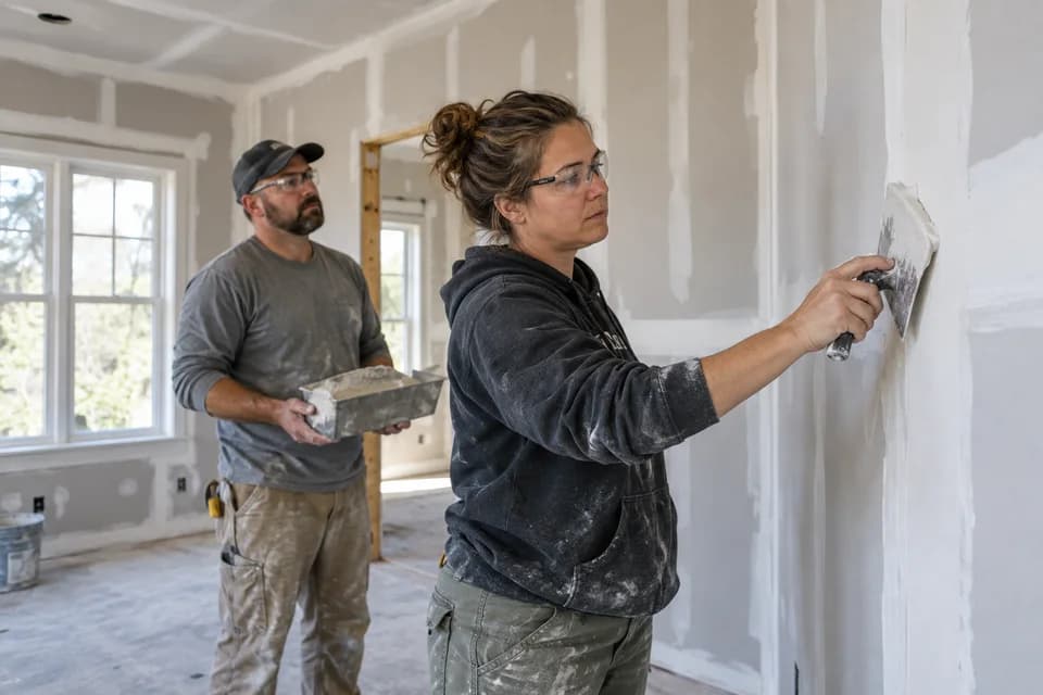AI-generated illustration: Drywall crew finishing wall seams