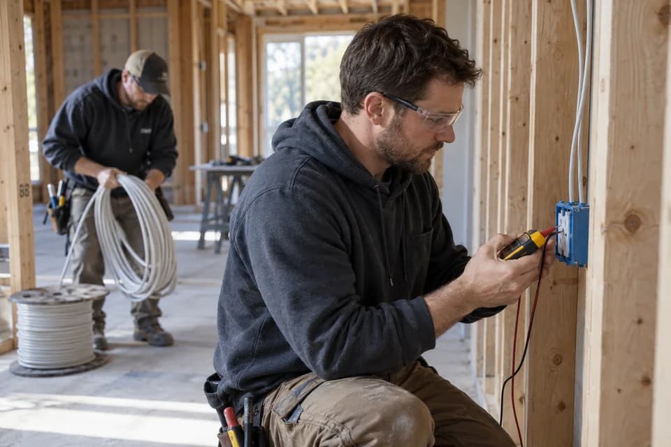 AI-generated illustration: Electricians working in a framed home