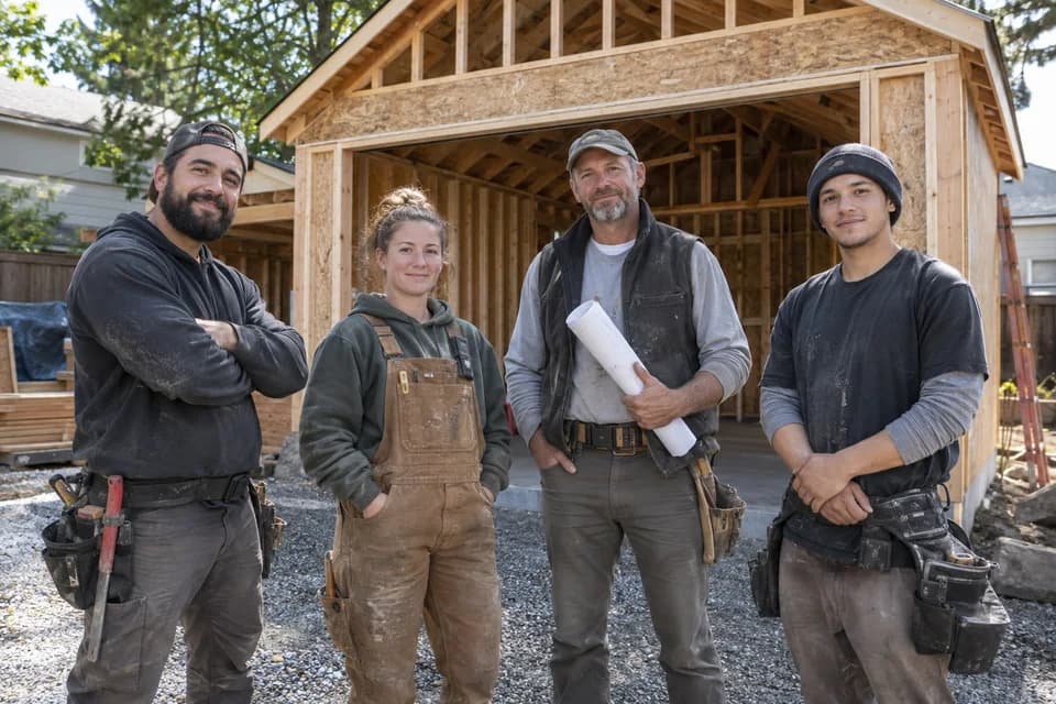 AI-generated illustration: Garage construction crew together at their jobsite