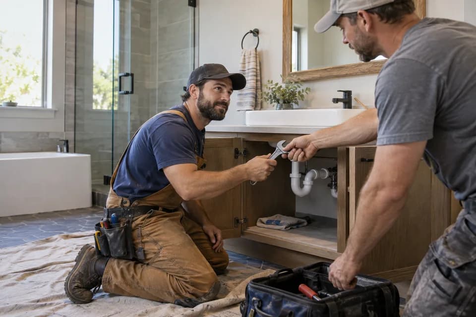 AI-generated illustration: Plumbers installing a bathroom vanity drain