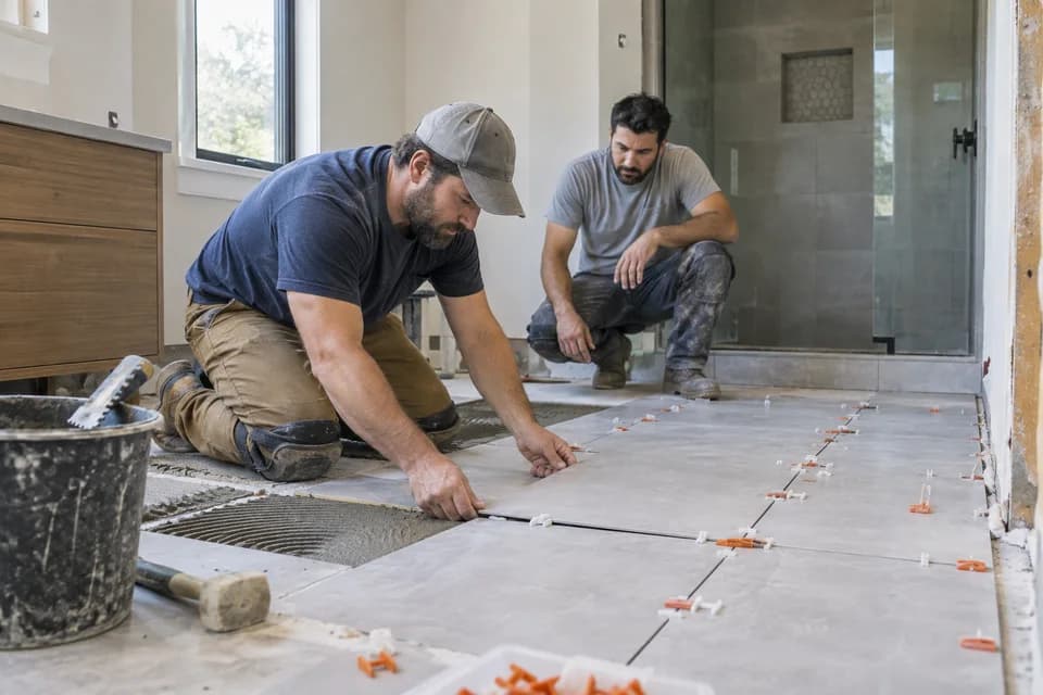 AI-generated illustration: Tile crew laying a bathroom floor